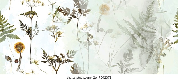 Floresta mágica, folhas de samambaia, flores de primavera. Padrão floral sem emenda. Fundo de aquarela suave. Ilustração vetorial. Modelo vintage para têxtil, papel de parede.