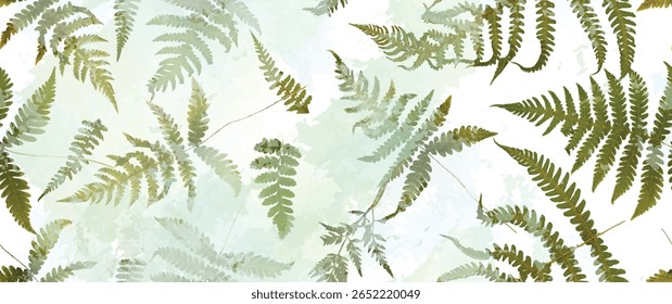 Floresta mágica, folhas de samambaia, flores de primavera. Padrão floral sem emenda. Fundo de aquarela suave. Ilustração vetorial. Modelo vintage para têxtil, papel de parede.