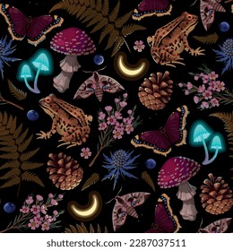 Magical forest flora and fauna vector pattern