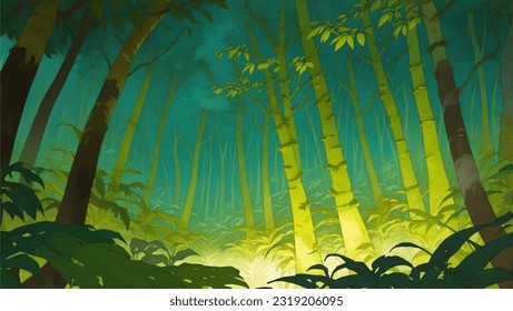 Magical Forest With Glowing Ground and The Moon Out at Night Hand Drawn Painting Illustration