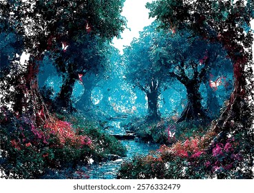 A magical forest illuminated by glowing butterflies and soft blue light, creating a serene, dreamlike atmosphere. Perfect for evoking fantasy and wonder.