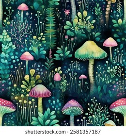 Magical forest landscape captivating watercolor seamless pattern, vibrant mushrooms and lush foliage. Organic scenery intricate textures and detailed composition of enchanting ecosystem 