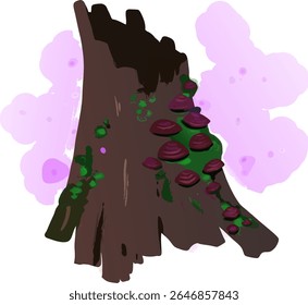 A magical forest log covered in brown mushrooms and soft moss, capturing the essence of woodland beauty and natural textures