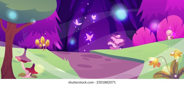 Magical forest. Mysterious glow, mushrooms, flowers and fluttering butterflies. Landscape with a dark purple sky, dense forest thicket, bushes and a narrow path. Horizontal banner. Vector illustration