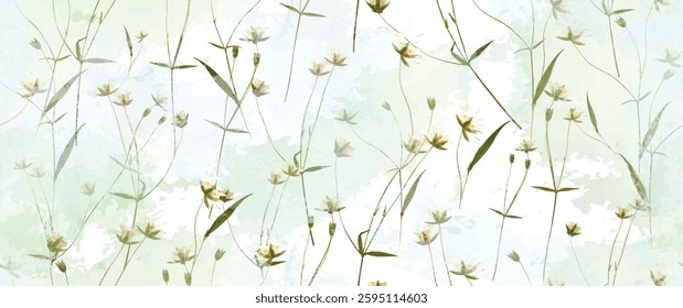Magical forest, petal flower. Spring leaves, flowers. Floral seamless pattern. Soft watercolor background. Vector illustration. Vintage Template for textile, wallpaper.