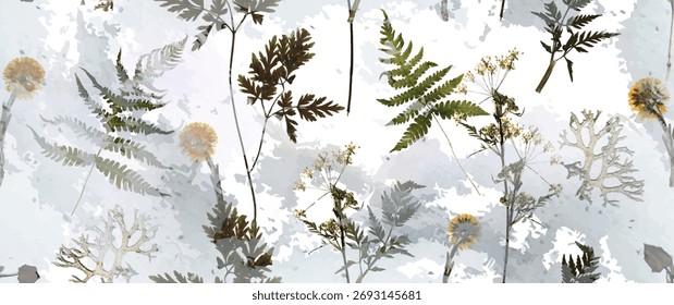 Floresta mágica, flor de pétala. Folhas de primavera, flores. Padrão floral sem emenda. Fundo de aquarela suave. Ilustração vetorial. Modelo vintage para têxtil, papel de parede.