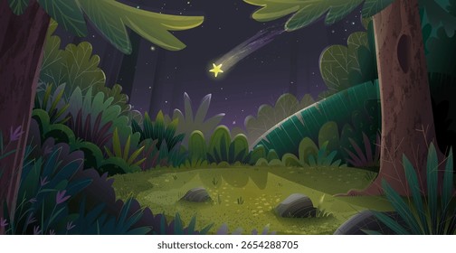 Floresta mágica com estrelas, árvores e céu noturno sonhador. Estrela cadente brilha sobre cenários escuros e místicos. Ilustração de desenhos animados vetoriais infantis bonitos para crianças e temas de conto de fadas.