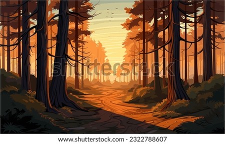 A magical forest with trees casting long shadows in the warm sunset light