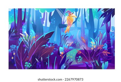 Magical forest, Vector fairy tale illustration with trees, flowers and grass in mystic purple light, For game design, print, websites and mobile phones 