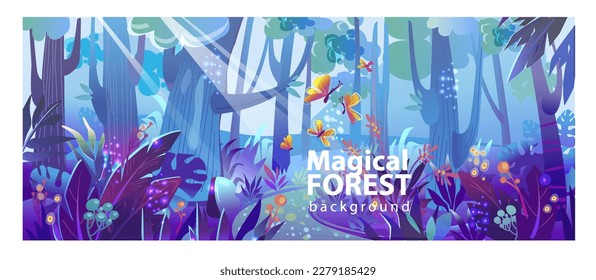 Magical forest, Vector fairy tale illustration with trees, flowers and grass in mystic purple light, For game design, print, websites and mobile phones 