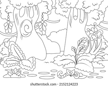 Magical forest. Vector illustration, page coloring book.