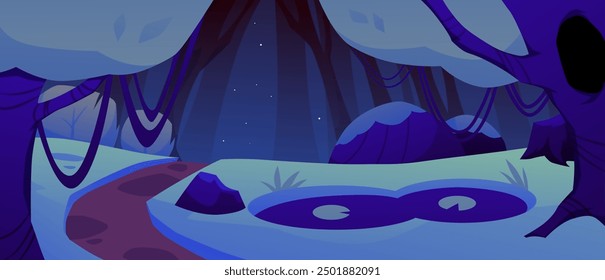 Magical forest vector illustration showing a night scene with trees, vines, pond, road and starry sky. The fantasy forest is presented in a flat cartoon style.