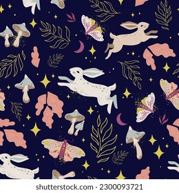 Magical forest vector seamless pattern with rabbits, butterflies night moths, mushrooms, twigs, leaves, stars, crescents and fairy dust on dark background