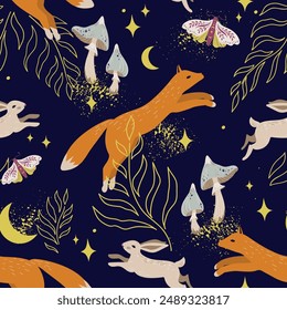 Magical forest vector seamless pattern with red fox, rabbits, butterflies night moths, mushrooms, twigs, leaves, stars, crescents and fairy dust on dark background