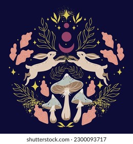 Magical forest vector forest symmetric pattern with rabbits, mushrooms, twigs, leaves, stars, crescents and fairy dust on dark background