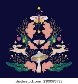 Magical forest vector forest symmetric pattern and rabbits  butterflies night moths  mushrooms  twigs  leaves  stars   fairy dust dark background