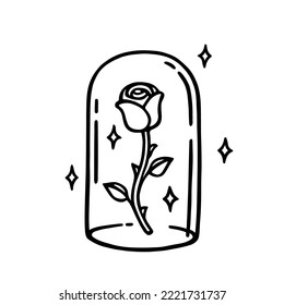 Magical forever rose tattoo design. Enchanted infinity rose doodle drawing. Cute preserved eternity flower in glass dome line art. Vector illustration.