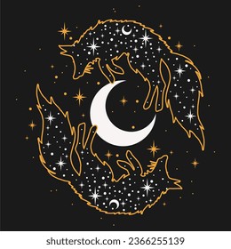 Magical foxes with moon and stars in black backround. For print for T-shirts, decor element. Mystical and magical, astrology illustration