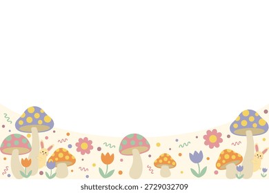 Un diseño plano de Vector de borde inferior de jardín mágico con hongos y conejos ocultos, creando un lindo fondo de espacio de copia para la primavera.