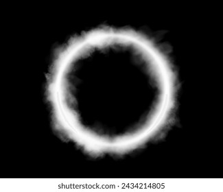 Magical geometric circle neon portal shrouded in light smoke. Round glowing frame, futuristic teleporter. light effect. Bright lights illuminate a night scene on a black background. Runway light effec