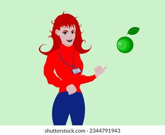 Magical Gesture: Red-haired Woman Pointing at Floating Green Apple