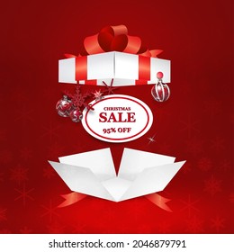 Una mágica caja de regalo con tapa abierta y un arco rojo en una decoración festiva. Ilustración de descuentos, ventas de navidad y año nuevo