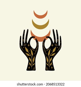 Magical girl hands art mystical Reiki meditation witch symbol vector illustration