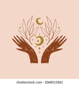 Magical girl hands art mystical Reiki meditation witch symbol vector illustration