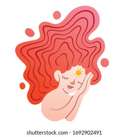 A magical girl with a sun symbol on her forehead and long red hair took a nap. Color vector character for book illustrations, t-shirt design, web page design. Rest during the day, daytime sleep.