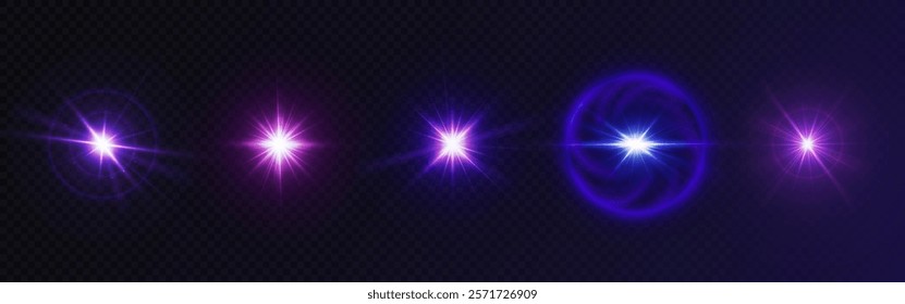 Magical glint and glare collection with purple effects - bright star bursts, shimmering sparkles, radiant lens flares, neon circular halos, luminous beams. Realistic fantasy or space design.