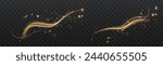 Magical glow. The light effect sparkles in a curved path, sparkling with a shiny magical textured shimmer. Glowing wave of stardust, shiny sparkle magical starlight, isolated set for vector illustrati