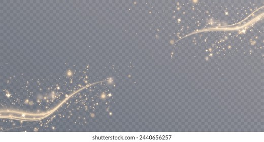 Magisches Leuchten. Der Lichteffekt funkelt in einem gebogenen Pfad, funkelt mit einem glänzenden, magisch strukturierten Schimmer. Glühende Welle von Sternenstaub, glänzendes funkelndes magisches Sternenlicht, isoliertes Set für Vektorillustrationen
