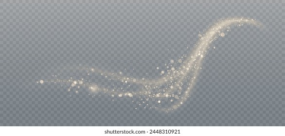 Magical glow. The light effect sparkles in a curved path, sparkling with a shiny magical textured shimmer. Glowing wave of stardust, shiny sparkle magical starlight, isolated set for vector illustrati