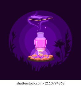 A magical glowing flask with a potion on fire and a flying book on a dark background. Witchcraft, light and darkness