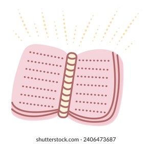 Magical glowing open book, cute color vector illustration in pink, yellow and brown colors