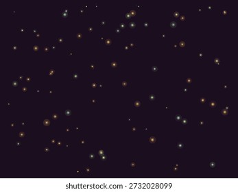 Magical glowing particles resembling raindrops suspended in dark night sky, mystical atmosphere with vibrant yellow and green colors