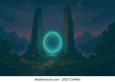 A magical glowing portal between two ancient stone pillars in a twilight landscape, surrounded by distant mountains and reflective water.