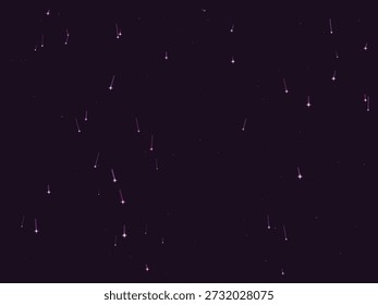 Raios de chuva mágicos brilhantes caindo contra um céu escuro à noite, criando uma atmosfera mística e encantadora com trilhas de luz sutis