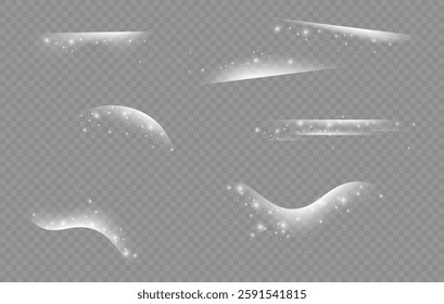 Magical glowing sparkle swirl trail effect isolated on transparent background. Bokeh glitter wave line with flying sparkling flash bulbs. Vector illustration