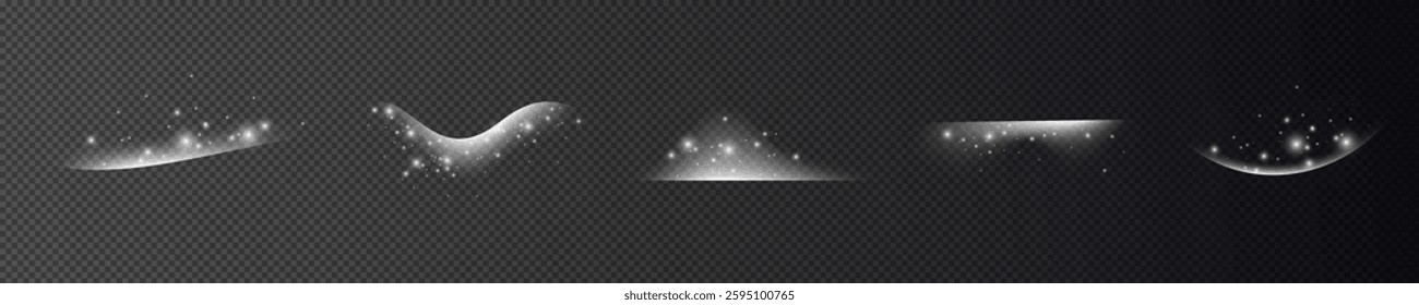 Magical glowing sparkle swirl trail effect isolated on transparent background. Bokeh glitter wave line with flying sparkling flash bulbs. Vector illustration