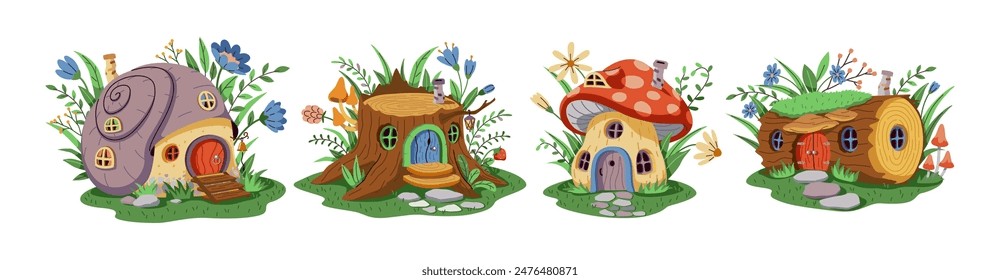 Mágicos gnomos o casas de hadas hechas de concha de espiral, tocón, agaric mosca, tronco. Una casa sobre un césped verde decorado con flores y hojas. La casa tiene una puerta de madera y ventanas