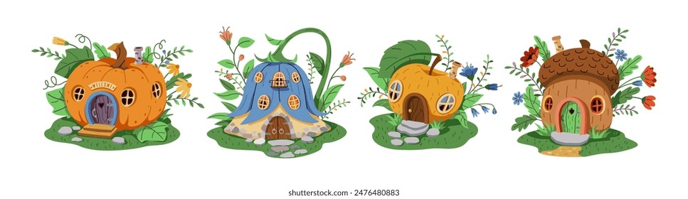 Magical gnome or fairy houses made of pumpkin, bell flower, apple and acorn. The house is on a green lawn decorated with flowers and leaves. The house has a wooden door and windows