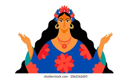 Diosa mágica. Hermosa mujer fantástica con el pelo largo en posición de loto y extendiendo manos. Flor en el cabello, vestido vívido, mirada misteriosa. Caricatura de diseño plano, ilustración de blanco.