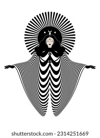 Magical goddess, priestess. Beautiful fairy woman with long hair. Gothic Witch wiccan female sacred design. Vector isolated on white background in art deco style 