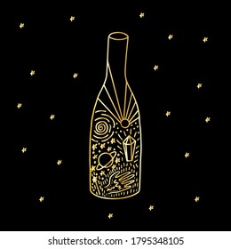 Magical gold bottle with stars, planet. Art deco style. Astronomy astrology occult elements isolated on black background, hand drawn illustration. 