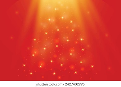 Magical gold stars Red backdrop Shining Birthday card Copy space Holiday classic design New year mood Christmas template Holiday background Rays shine downwards Blur bokeh effect Illuminated place