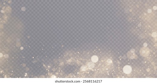 Magical golden cloud of glitter dust. Fine, shiny bokeh glitter particles and fine bright dust. Christmas golden glow effect on transparent PNG background.	
