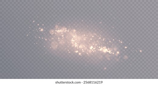 Magical golden cloud of glitter dust. Fine, shiny bokeh glitter particles and fine bright dust. Christmas golden glow effect on transparent PNG background.	
