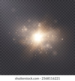 Magical golden cloud of glitter dust. Fine, shiny bokeh glitter particles and fine bright dust. Christmas golden glow effect on transparent PNG background.	
