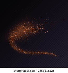 Magical golden cloud of glitter dust. Fine, shiny bokeh glitter particles and fine bright dust. Christmas golden glow effect on transparent PNG background.	
